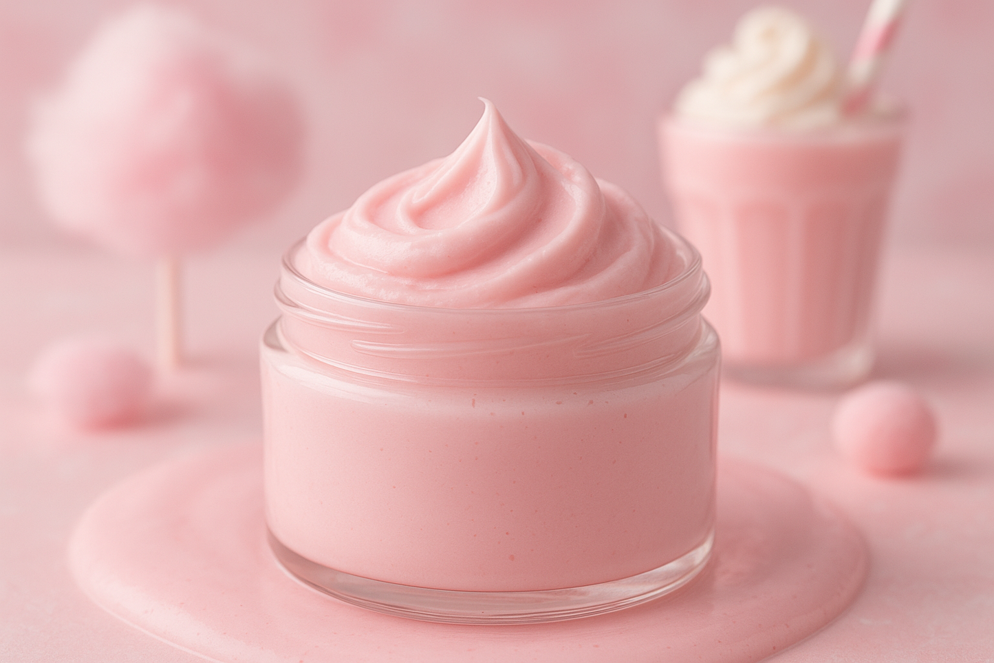 Light pink body butter with no writing on container and no lid, with a candy milkshake vibe 
